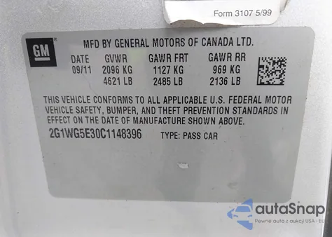 2012 Chevrolet Impala Lt z USA, uszkodzony, nr VIN 2G1WG5E30C1148396